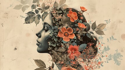 Grunge digital collage illustration with woman face and flowers. AI generated image