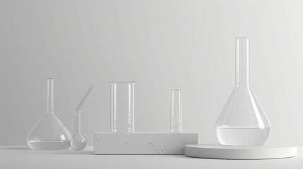 Glass Laboratory Equipment Arranged on White Platforms