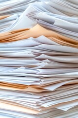 A disorganized stack of financial documents, with papers spilling over the edges, symbolizing chaos, bureaucracy