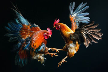 Cockfighting on dark background 
