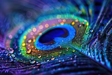 Fototapeta premium Peacock feather showing iridescent green and blue colors with water droplets