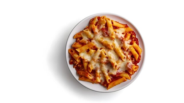 Delicious baked ziti pasta with melted cheese top view on white background