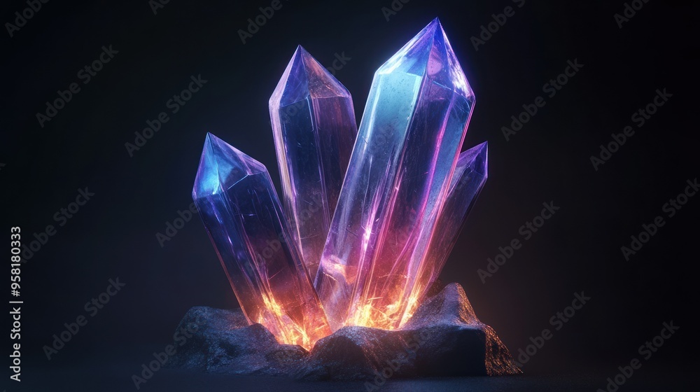 Poster glowing crystal cluster on dark background