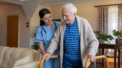 Naklejka premium Young nurse helping elderly man walk in the room, holding his hand, supporting him. Treatment and rehabilitation after injury or stroke, life in assisted living facility, senior care concept