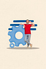 Vertical photo collage of happy businessman stand gearwheel optimization process icon development...