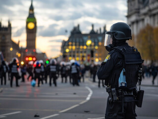 The end of british free speech Censorship, online social media, punishment, rioting,riots. British flag and protestors taking to the streets. marching and unrest