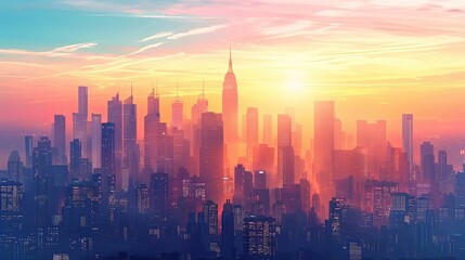 Fototapeta premium Cityscape Skyline at Sunset with a Vibrant Sky