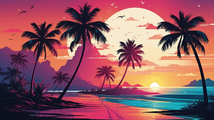Obraz premium Evening beach scene with palm trees at sunset, silhouettes visible against the colorful sunset sky, offers a picturesque setting for relaxation, 90's style.