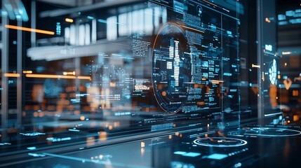 Fototapeta premium Visual of economic policy documents being reviewed in a futuristic legislative chamber, concept of high-tech governance
