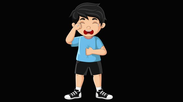 Animated lost child character. Crying boy in public space. Full body flat person on black background