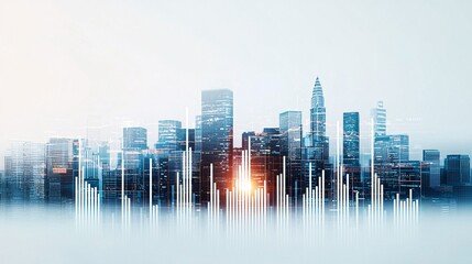 Fototapeta premium Abstract view of a city skyline influenced by economic policy changes, represented by digital overlays of economic data