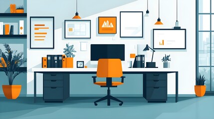 Flat design of a modern office layout with consistent line thickness and color usage