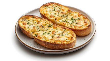 Close-up of cheesy garlic bread on rustic plate with herbs