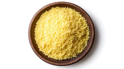 Wooden bowl filled with organic couscous on white background