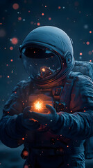 A lone astronaut holding a small, glowing star in their hands.


