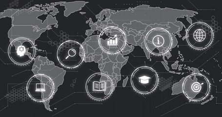 Icons representing various industries and services over world map animation - Powered by Adobe