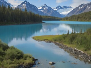 Fototapeta premium Snowy mountains of Alaska in the light of day, AI generated