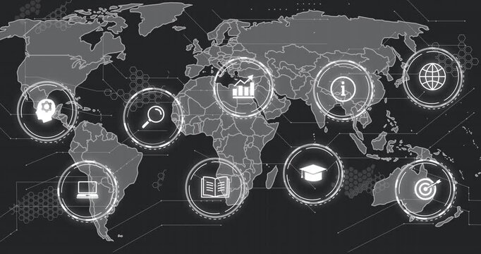 Icons representing various industries and services over world map animation
