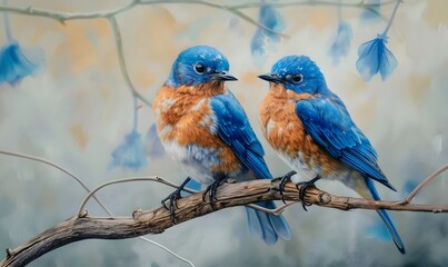 Fototapeta premium Two male bluebirds on perch. 