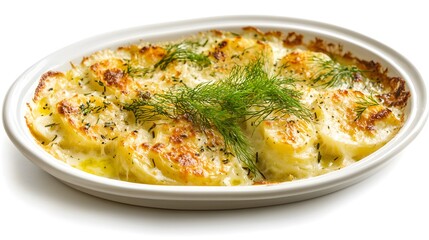 Deliciously baked potato gratin with fresh dill on a white plate