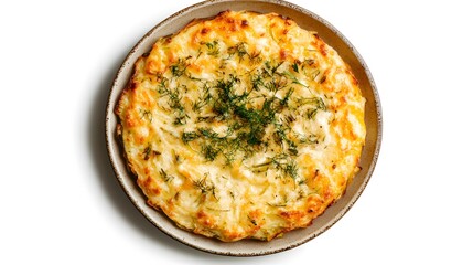 Cheesy potato casserole garnished with fresh dill on ceramic plate
