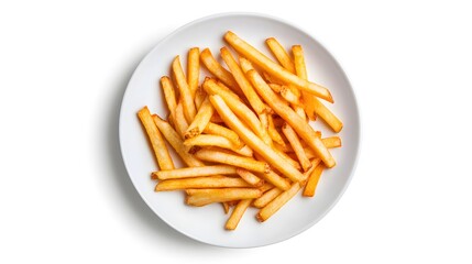 Crispy golden french fries on white plate - delicious snack food trend