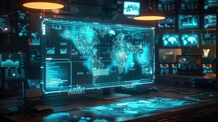 Futuristic Control Room with a World Map Display on a Computer Monitor