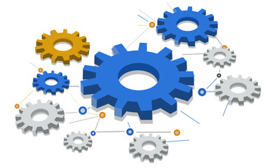 Team or organization for workflow management , businessman manager optimizing cogwheels workflow system for company growing , vector illustration design.