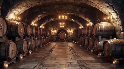 A dimly lit wine cellar featuring wooden barrels lined along the stone walls, creating a rustic and inviting atmosphere.