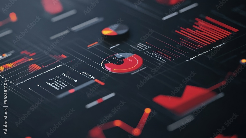 Poster red and black charts and graphs on a dark surface