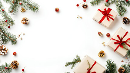 Christmas and New Year holiday background. Xmas greeting card. Christmas gifts on white background top view. Noel. Flat lay
