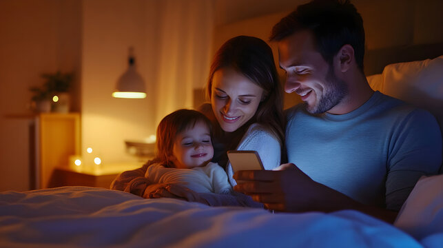 Happy Family Using Smartphone in Bed at Night - Powered by Adobe