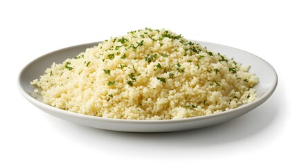 Fluffy couscous garnished with fresh parsley on white plate