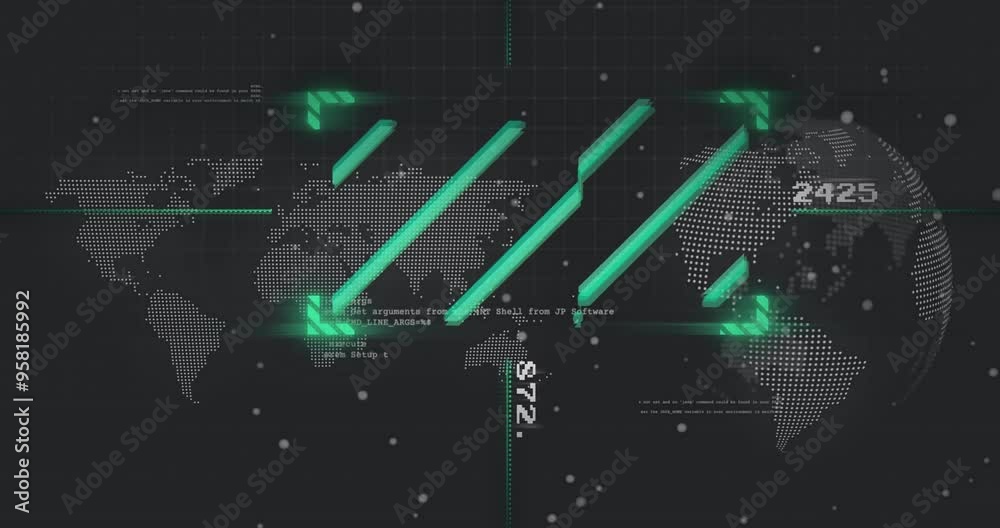 Aufkleber digital world map and data processing animation over green bars and numbers