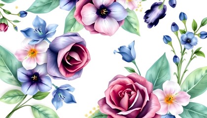 Colorful watercolor roses and anemone flowers with green leaves, arranged in a floral border