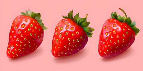 Photography of Close-up Realistic of Fresh Sweet Strawberries with Waterdrops, Full Frame on Pink Background. Front View View Strawberry Fruits with Leaves and Waterdrops.