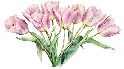 Beautiful watercolor illustration of pink tulips with green leaves on white background, perfect for spring-themed designs and floral art.