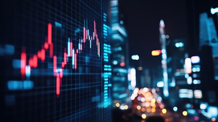 A close-up of a stock market graph at night, showcasing fluctuating trends amidst a vibrant city skyline.