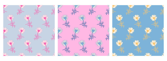 Floral Daisy Flowers Seamless Patterns Set