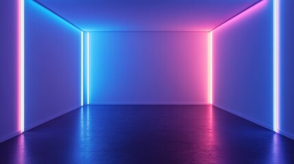 A futuristic room featuring vibrant blue and pink neon lights illuminating the walls, creating an immersive atmosphere.