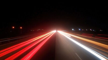 Obraz premium A dynamic night scene showcasing light trails from vehicles on a highway, capturing the essence of urban nightlife.