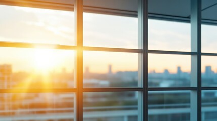 Fototapeta premium A modern office window showcasing a stunning sunrise over the city skyline, illuminating the workspace with warm light.