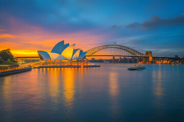 Naklejka premium Sydney Opera House and Harbour Bridge at Sunset