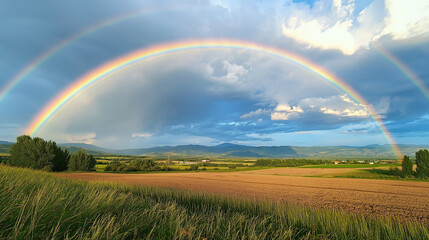 Fototapeta premium Bright rainbow over a rural landscape after a rainstorm, colorful weather, hope and renewal