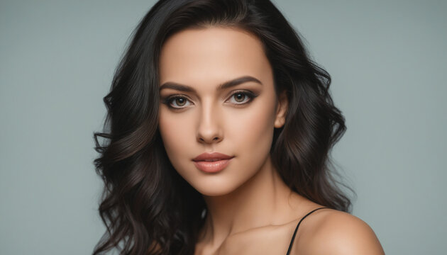 Portrait visage femme brune belle sexy beaut&eacute; mod&egrave;le mannequin studio cheveux longs marron.
