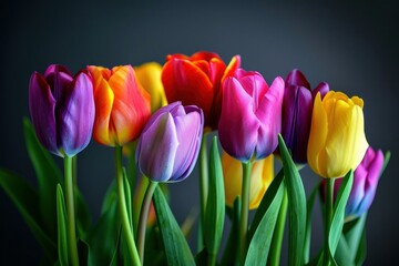 Colorful bouquet of tulips standing in a vase against a dark background