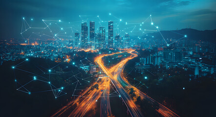 “Digital Cityscape with Glowing Data Connections and Illuminated Buildings”
