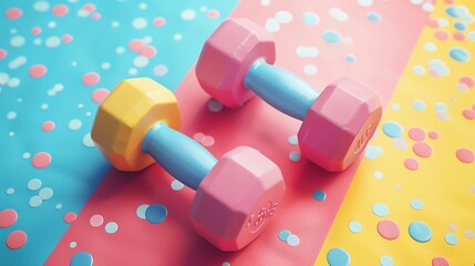 olourful sport dumbbells for trainings. Aesthetic summer gym.