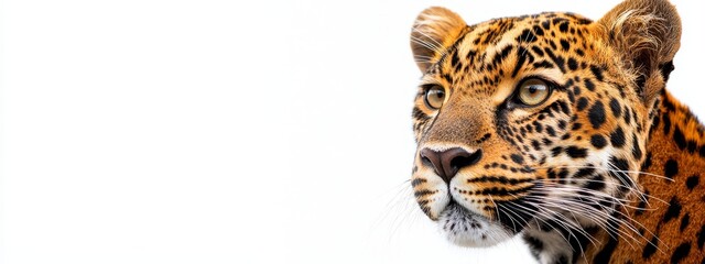 Obraz premium A tight shot of a leopard's face against a white backdrop, with a hazy, out-of-focus sky behind