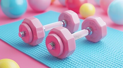 Obraz premium olourful sport dumbbells for trainings. Aesthetic summer gym.